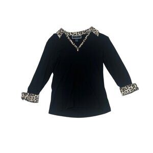 Karen Scott Petites Black Top With Leopard Print Collar & Cuffs PS 1779